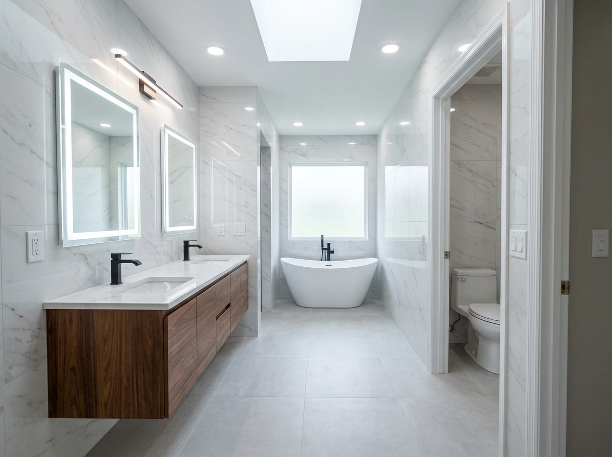 Modern Miami master bathroom with floating walnut vanity and freestanding soaking tub