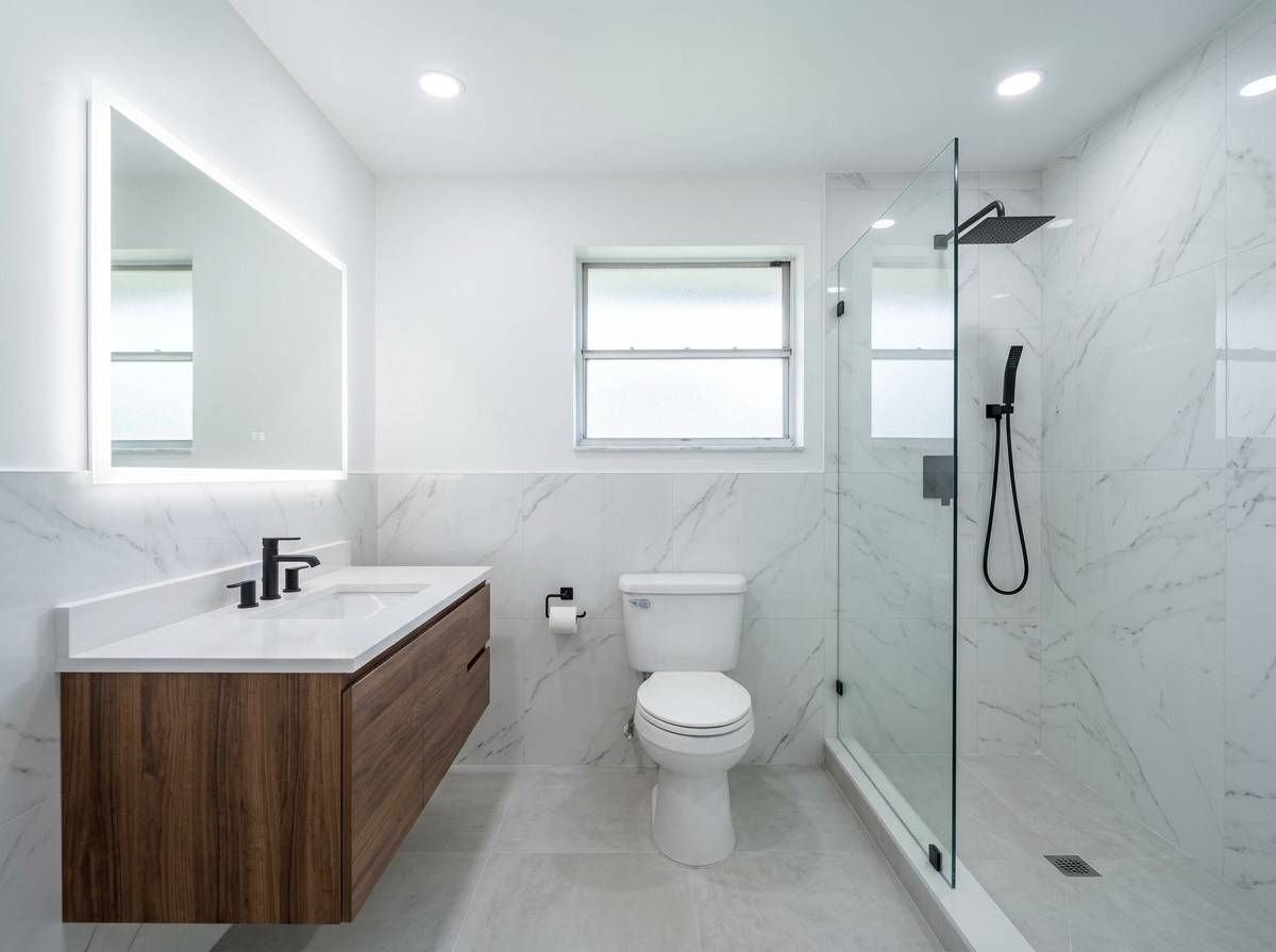 Modern Miami bathroom after renovation with marble-look tile and walk-in glass shower