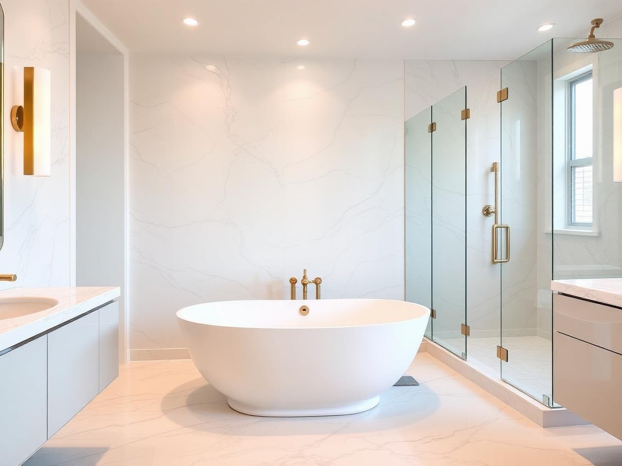 Renovated luxury bathroom with marble and brass accents