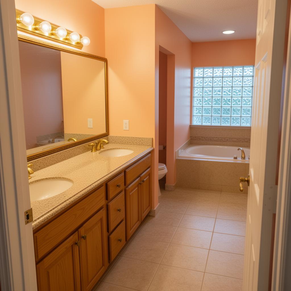 Dated Miami master bathroom with oak double vanity and glass block window