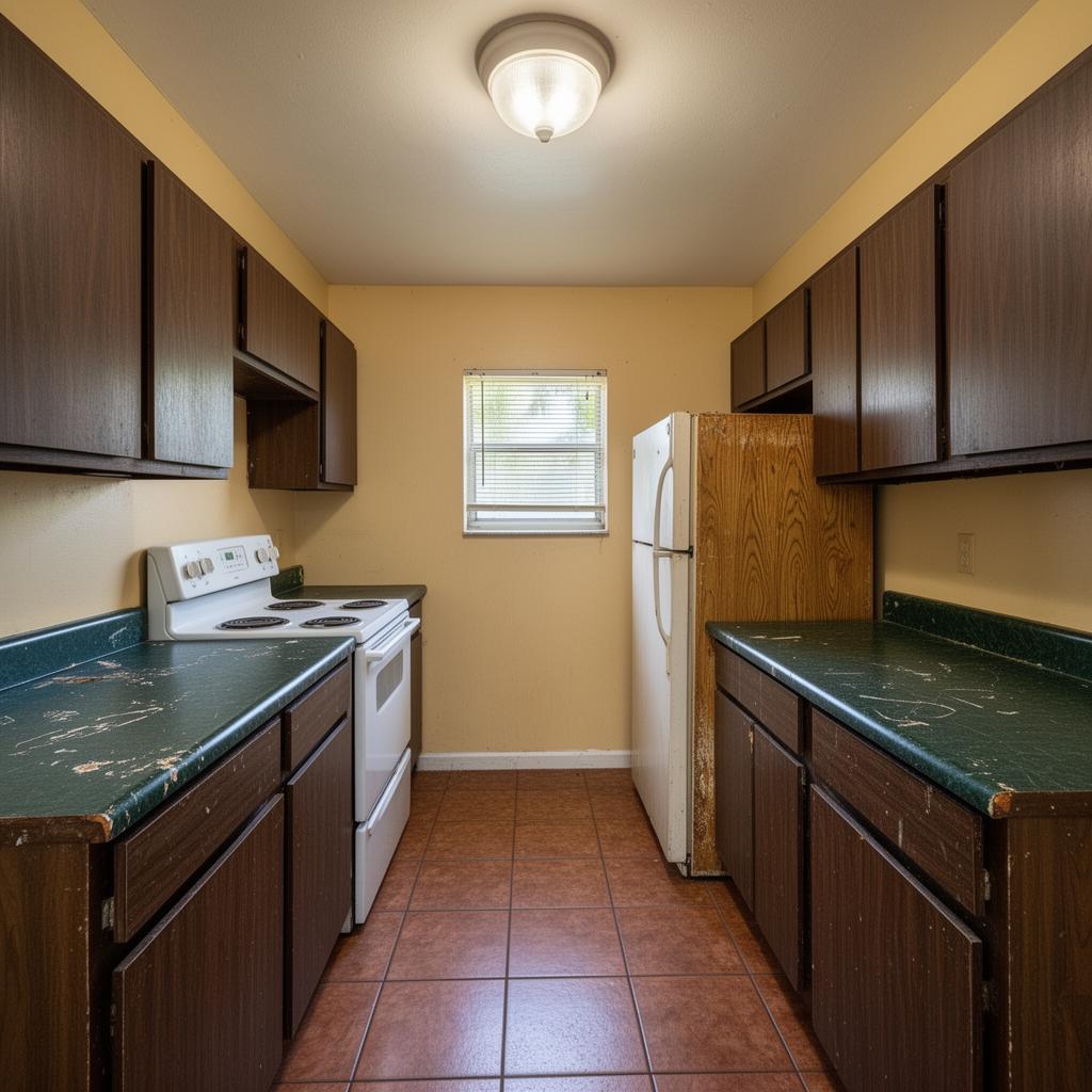 Outdated Miami galley kitchen with dark brown cabinets and worn green laminate