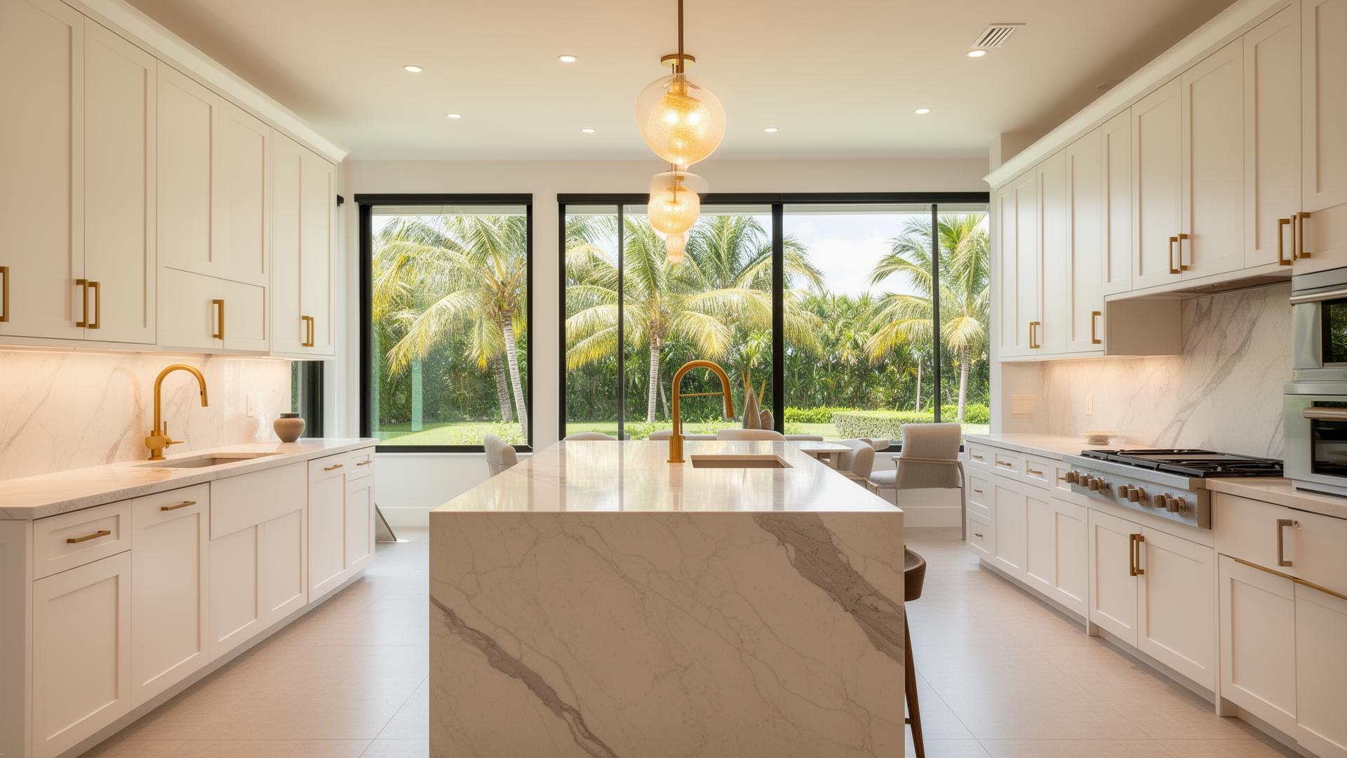 Renovated luxury South Florida kitchen with marble island and palm tree views